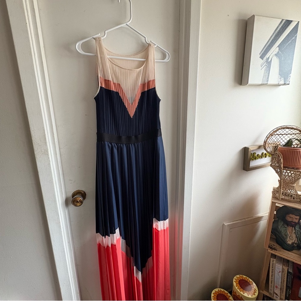 BCBGMaxAzria Pleated Maxi Dress in Navy and Coral